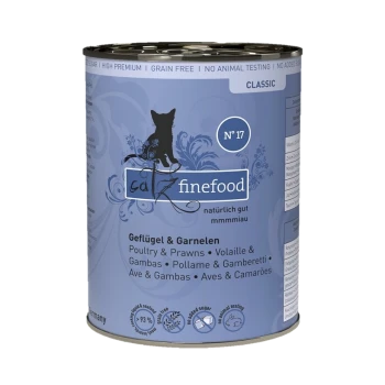 Puszka Catz finefood z sylwetką kota, oznaczona 'N° 17 Geflügel & Garnelen' (Drób i Krewetki), bez zbóż, bez dodatku cukru.
