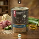 Dose LIEBESGUT Hundefutter mit der Aufschrift 'BIO-RIND FÜR HUNDE' (70% Fleisch) mit Rindfleisch, Zucchini, Reis und Öl.
