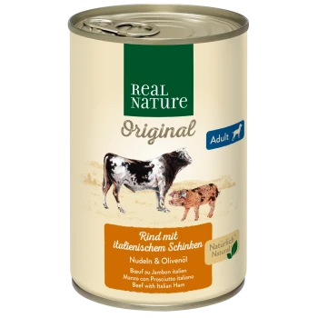 Dosenfutter für Hunde mit der Bezeichnung "Real Nature Original", das Rindfleisch mit italienischem Schinken, Nudeln und Olivenöl enthält; geeignet für erwachsene Hunde.