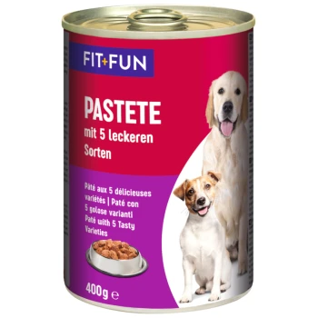 Boîte de nourriture pour chien étiquetée "FIT+FUN PASTETE mit 5 leckeren Sorten" présentant deux chiens à l'avant. Contient 400g.