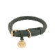 Geflochtenes grünes Lederhalsband für Hunde mit einer goldenen Schnalle und einem runden Anhänger mit einem 'W'-Logo.