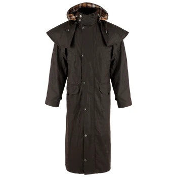 Dunkelbrauner wasserdichter langer Hundespaziergangsmantel mit kariertem Kapuzenfutter und Fronttaschen, entworfen für Tierbesitzer.