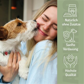 Tabelle mit täglichen Fütterungsmengen für Haustiere basierend auf dem Gewicht, mit Anweisungen auf Deutsch: "MICH KANNST DU EINFACH VERFÜTTERN."