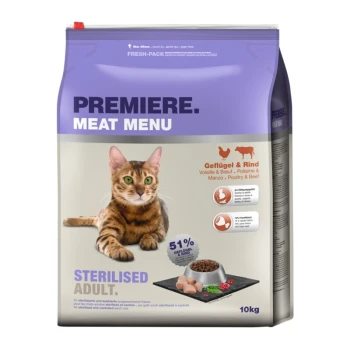 Cat food bag featuring a Bengal cat, labeled "Premiere Meat Menu," with 51% poultry content, suitable for sterilized adult cats, 10kg.
