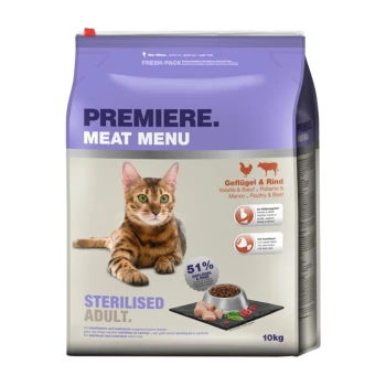 Cat food bag featuring a Bengal cat, labeled "Premiere Meat Menu," with 51% poultry content, suitable for sterilized adult cats, 10kg.