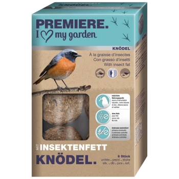 Vogel-Futterverpackung mit einem bunten Vogel, der auf einem Ast sitzt, mit Text, der "Mit Insektenfett" und "6 Stück" (6 Teile) hervorhebt.