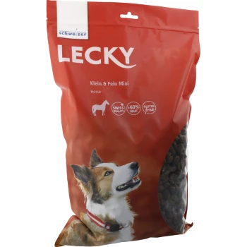 Sac rouge de nourriture pour chevaux Lecky avec un corgi regardant vers le haut, avec un texte indiquant qualité suisse, 60 % de viande et sans gluten.
