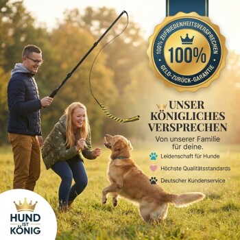 Bild mit Kundenbewertungen für ein Haustierprodukt, mit einer Person und einem Hund im Hintergrund. Text hebt positives Feedback und Sternebewertungen hervor.