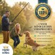 Bild mit Kundenbewertungen für ein Haustierprodukt, mit einer Person und einem Hund im Hintergrund. Text hebt positives Feedback und Sternebewertungen hervor.