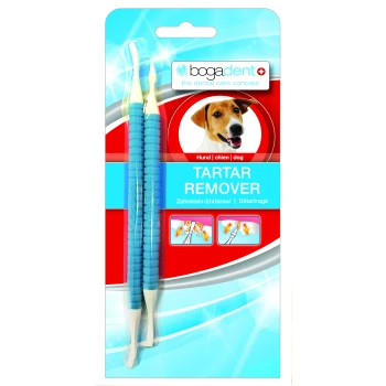 Blaue Zahnsteinentferner-Werkzeuge für Hunde, verpackt mit dem Text "TARTAR REMOVER" und mehrsprachigen Etiketten, auf einem hellen Hintergrund.