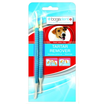 Blaue Zahnsteinentferner-Werkzeuge für Hunde, verpackt mit dem Text "TARTAR REMOVER" und mehrsprachigen Etiketten, auf einem hellen Hintergrund.
