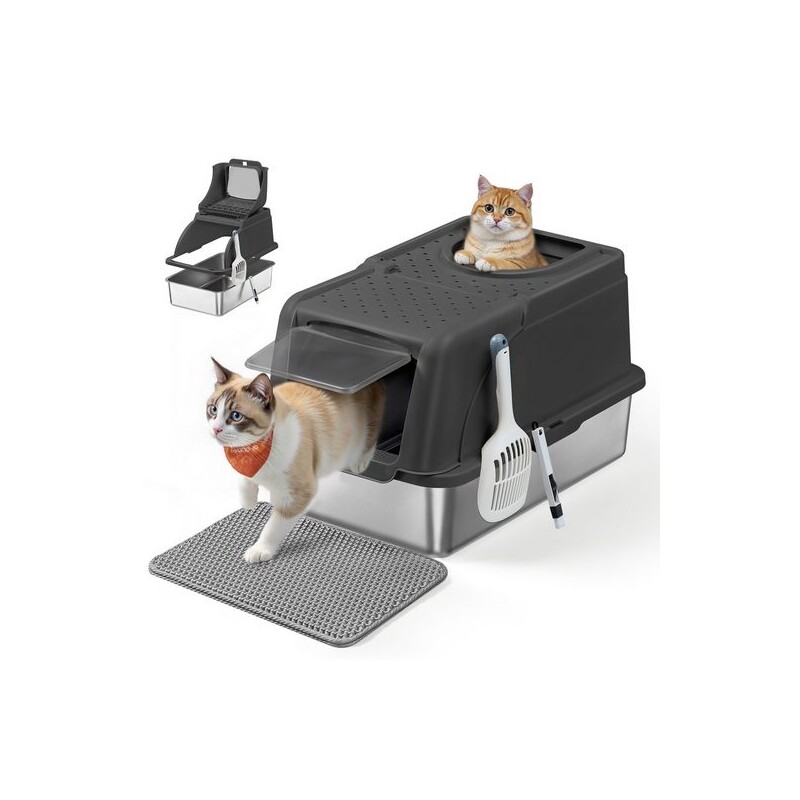 FEANDREA Edelstahl Katzentoilette XL mit Deckel 2 Eingängen