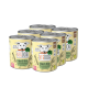 Sechs Dosen Vegdog Hundefutter mit einer Illustration eines weißen Hundes, beschriftet mit 'Erbsen & Hirse' und Zutaten aus grünen Erbsen und Hirse.