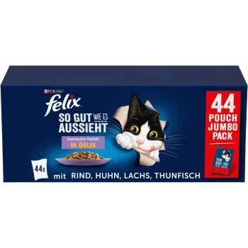 Die Verpackung des Purina Felix Katzenfutters zeigt eine verspielte schwarz-weiße Katze, beschriftet mit "So gut wie es aussieht," mit "44 Pouch Jumbo Pack" und Geschmacksrichtungen.