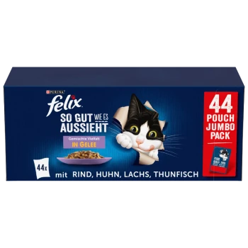 L'emballage de la nourriture pour chats Purina Felix montre un chat noir et blanc joueur, étiqueté "Aussi bon que ça en a l'air," avec "44 Pouch Jumbo Pack" et des saveurs.