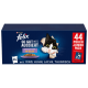 Die Verpackung des Purina Felix Katzenfutters zeigt eine verspielte schwarz-weiße Katze, beschriftet mit "So gut wie es aussieht," mit "44 Pouch Jumbo Pack" und Geschmacksrichtungen.