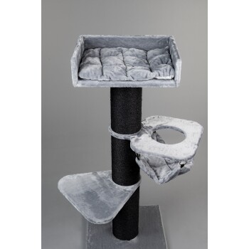 Grau Katzenbaum mit einer plüschigen oberen Liegefläche, einer gemütlichen hängenden Hängematte und einer unteren Plattform, entworfen für den Komfort und das Spiel von Katzen.