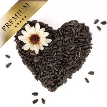 Herzförmige Anordnung von schwarzen Sonnenblumenkernen mit einer weißen Blume oben, mit einem goldenen Banner "PREMIUM."