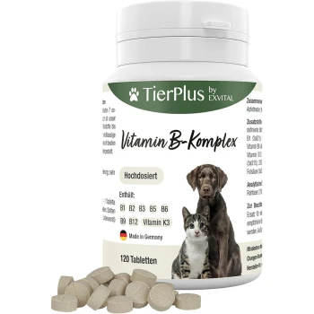 Vitamin B-Komplex Ergänzung für Haustiere in einem weißen Behälter, mit einem Hund- und Katzenmotiv, mit 120 Tabletten angezeigt.