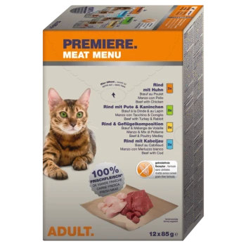 Eine grünäugige Katze sitzt neben einer Box mit der Aufschrift "Premiere Meat Menu" mit 12 Packungen Katzenfutter und einem "100% Frisches Fleisch"-Siegel.