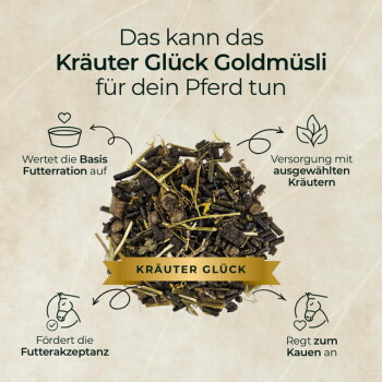 Haufen Kräutermüsli für Pferde mit Aufschrift 'KRÄUTER GLÜCK', deutscher Überschrift 'für dein Pferd' und kleinen Nutzen‑Icons.
