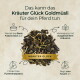 Haufen Kräutermüsli für Pferde mit Aufschrift 'KRÄUTER GLÜCK', deutscher Überschrift 'für dein Pferd' und kleinen Nutzen‑Icons.