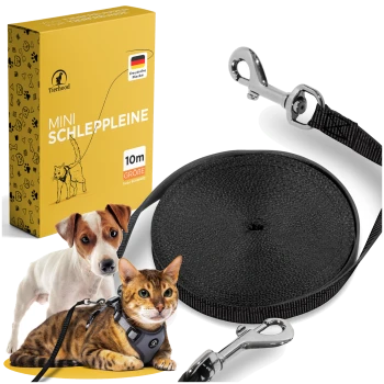 Schwarze 5m ausziehbare Leine für Haustiere, mit einer Verpackungsbox, die eine Katzenillustration und den Text "MINI SCHLEPPLEINE" und "GRÖßE" zeigt.