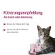 Getigerte Katze neben rosa Snackdose; deutsche Überschrift 'Fütterungsempfehlung', 'Als Snack oder Belohnung'; Text: max. 12/Tag, frisches Wasser bereitstellen