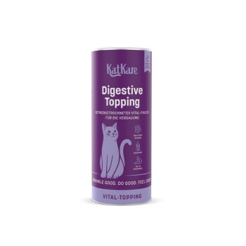 Violette KatKare 'Digestive Topping'-Dose als Katzenergänzung mit Katzenillustration, 'Vital-Topping' und dem Slogan 'Sprinkle good. Do good. Feel good.'