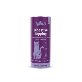 Violette KatKare 'Digestive Topping'-Dose als Katzenergänzung mit Katzenillustration, 'Vital-Topping' und dem Slogan 'Sprinkle good. Do good. Feel good.'