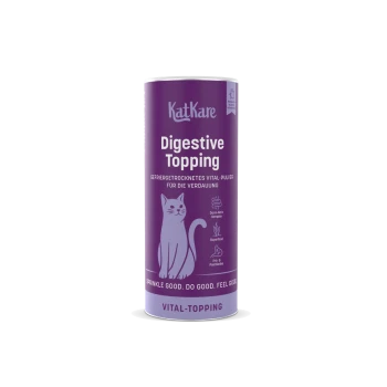 Violette KatKare 'Digestive Topping'-Dose als Katzenergänzung mit Katzenillustration, 'Vital-Topping' und dem Slogan 'Sprinkle good. Do good. Feel good.'