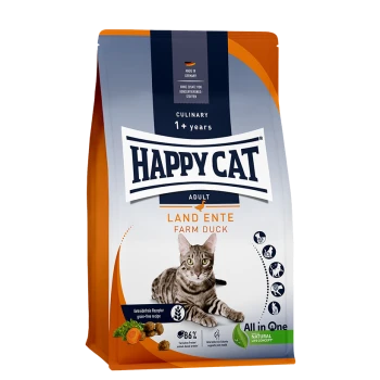 Happy Cat Erwachsenenfutterbeutel mit einer getigerten Katze, beschriftet mit "Land Ente Farm Duck", geeignet für Katzen ab 1 Jahr, rezeptfrei.