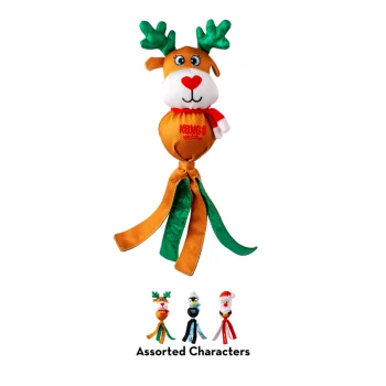 Plush reindeer dog toy with green antlers, red heart nose, and orange and green dangling legs, labeled "KONG Holiday."