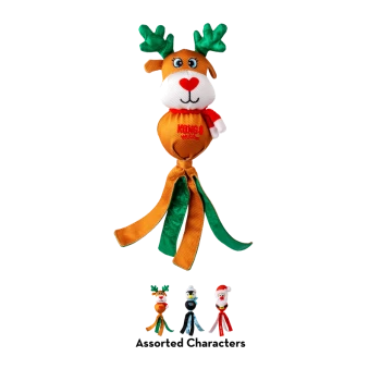 Plush reindeer dog toy with green antlers, red heart nose, and orange and green dangling legs, labeled "KONG Holiday."