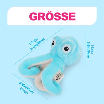 Hellblaues Plüsch-Oktopus-Haustierspielzeug; zeigt 'GRÖSSE' und Maße: Länge 7,4 in/19 cm, Breite 5,9 in/15 cm, Höhe 3,5 in/9 cm