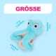 Hellblaues Plüsch-Oktopus-Haustierspielzeug; zeigt 'GRÖSSE' und Maße: Länge 7,4 in/19 cm, Breite 5,9 in/15 cm, Höhe 3,5 in/9 cm