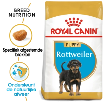 Royal Canin Rottweiler Puppy voerzak met een afbeelding van een Rottweiler puppy, met tekst die de voeding voor het ras en de immuunondersteuning benadrukt.