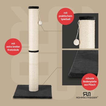 Katzenkratzbaum mit breiter Basis, ausgestattet mit einem praktischen Ball zum Spielen und einer plüschigen Unterlage. Der Text hebt die wichtigsten Merkmale hervor.