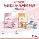 Image de nourriture pour animaux Royal Canin : nourriture "Chaton" et "Adulte", avec une chronologie pour la transition vers la nourriture pour adultes à 12 mois.