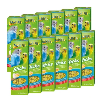 Emballage coloré de bâtonnets de nourriture pour oiseaux Multifit pour perruches, avec des perruches bleues et jaunes, étiqueté "Bâtonnets" et "avec œuf et graines d'herbe."