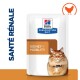 Pochette de régime prescrit Hill's avec un chat orange duveteux, étiquetée "SANTÉ RÉNALE" et "KIDNEY + MOBILITY" en texte gras.
