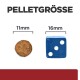 Bild, das zwei Haustierfutterpellets zum Größenvergleich zeigt: eine runde Pellet (11mm) neben einem blauen Würfel (16mm), beschriftet 'PELLETGRÖSSE.'