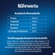 Tableau des valeurs nutritionnelles montrant l'analyse de la nourriture pour animaux : Protéines 42,0 %, Graisses 16,0 %, Cendres 9,0 %, Fibres 0,5 %, Oméga-6 2,0 %. Vitamines et minéraux supplémentaires listés.