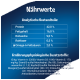 Tableau des valeurs nutritionnelles montrant l'analyse de la nourriture pour animaux : Protéines 42,0 %, Graisses 16,0 %, Cendres 9,0 %, Fibres 0,5 %, Oméga-6 2,0 %. Vitamines et minéraux supplémentaires listés.