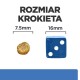 Obraz porównujący rozmiar krokieta dla zwierząt (7,5 mm) do niebieskiej kostki (16 mm), z tekstem "ROZMIAR KROKIETA" powyżej.