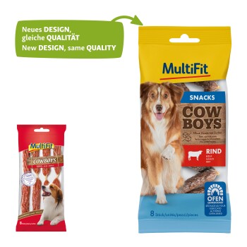 MultiFit dog snacks in a yellow and blue package labeled "COWBOYS" with beef flavor, featuring 8 pieces. Text highlights "New DESIGN, same QUALITY."