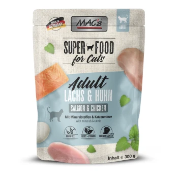 Nassfutter Katze Adult Lachs und Huhn 6x300 g MACs 300g Super Food für Katzenbeutel enthält Lachs und Huhn, beschriftet mit "Adult Lachs & Huhn," getreidefrei und hoher Fleischanteil.
