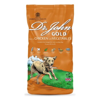 Orange Tüte Dr. John Gold Hundefutter, mit einer laufenden Hundillustration, beschriftet mit "Reich an Huhn mit Gemüse", 15kg.