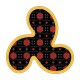 Black and red patterned three-lobed dog chew toy with yellow stitched border on white background.