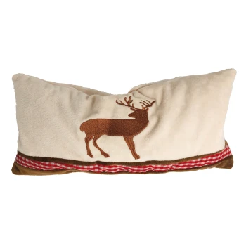 Coussin pour animaux de compagnie de couleur crème avec une silhouette de cerf brodée en marron, accentué d'une bordure en vichy rouge en bas.
